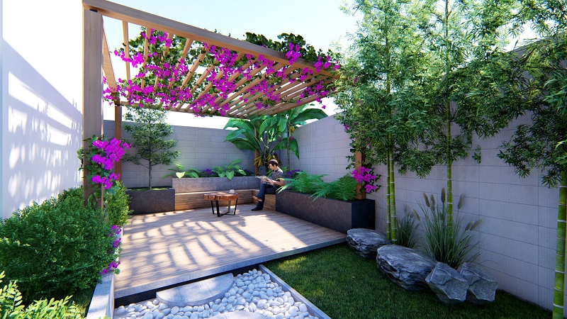Thiết kế cảnh quan sân vườn đơn giản với điểm nhấn là giàn hoa leo rực rỡ