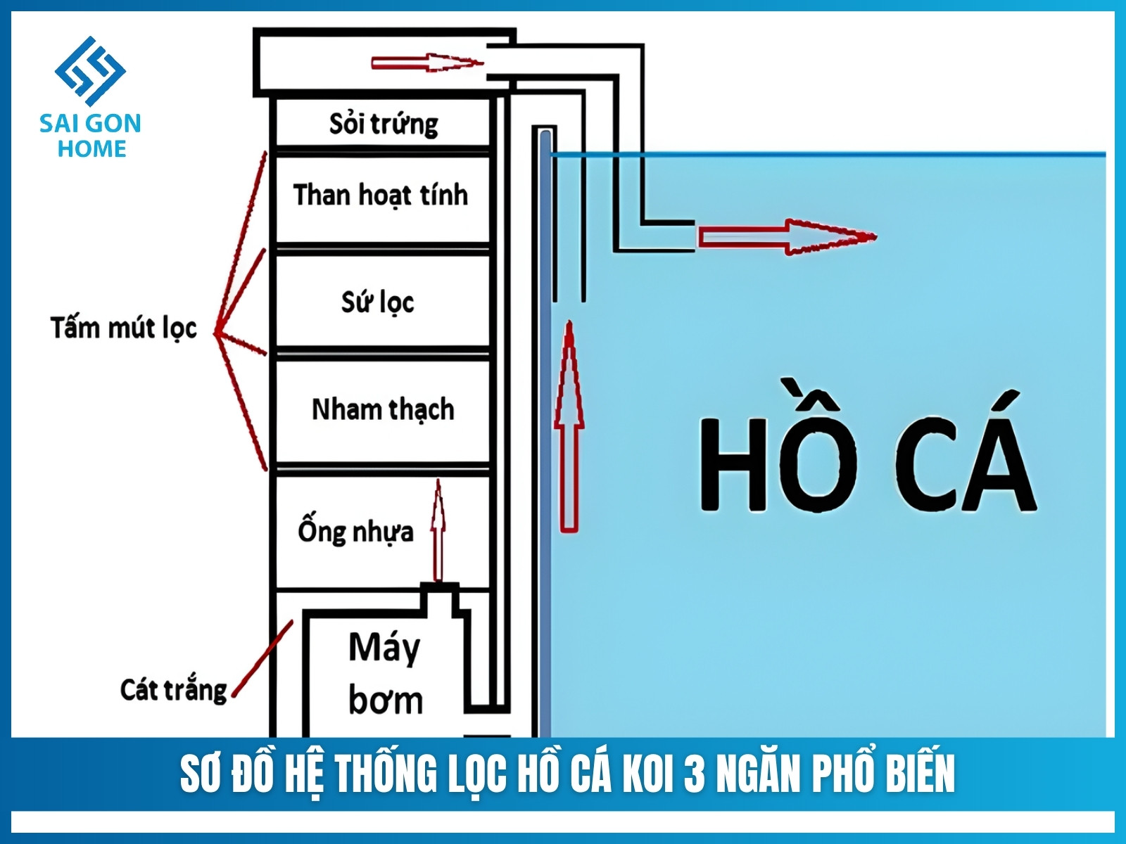 Sơ đồ hệ thống lọc hồ cá koi 3 ngăn phổ biến