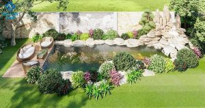 Bố trí quanh hồ cùng với những cây xanh và một vài loại cây hoa