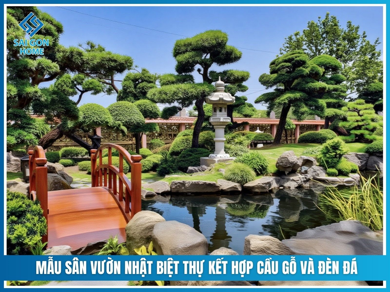 Mẫu sân vườn Nhật Bản 38 Mau san vuon Nhat biet thu ket hop cau go va den da