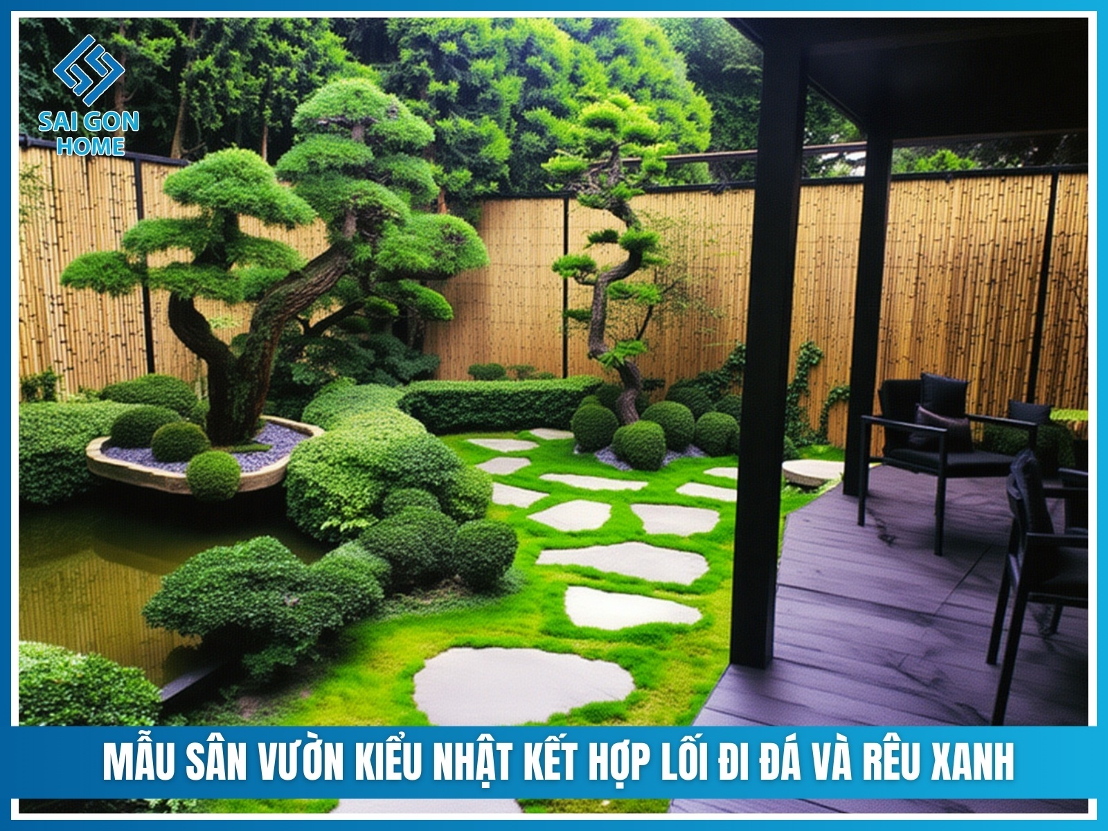 Mẫu sân vườn Nhật Bản 40 Mau san vuon kieu Nhat ket hop loi di da va reu xanh