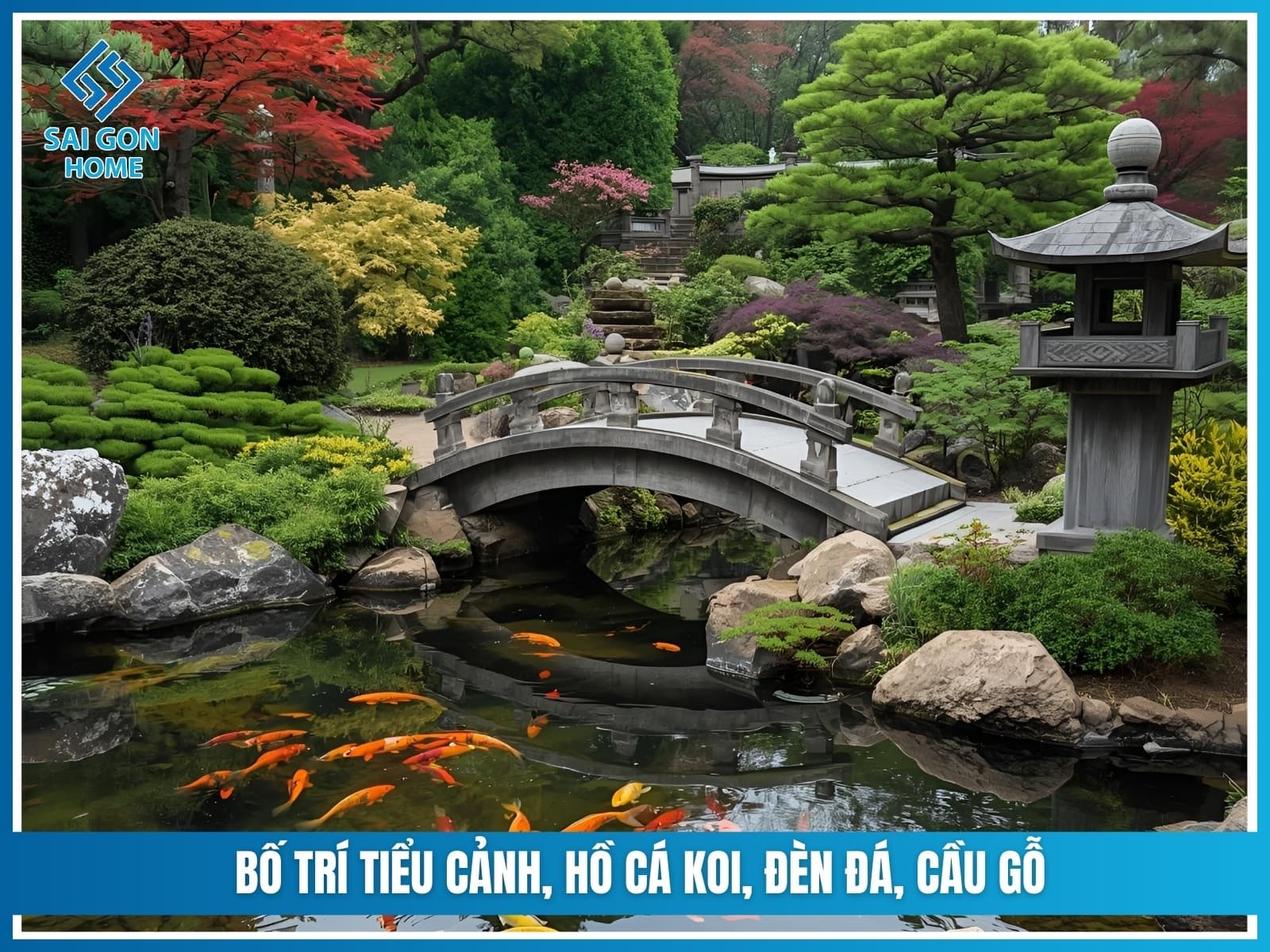 Mẫu sân vườn Nhật Bản 32 Bo tri tieu canh ho ca Koi den da cau go