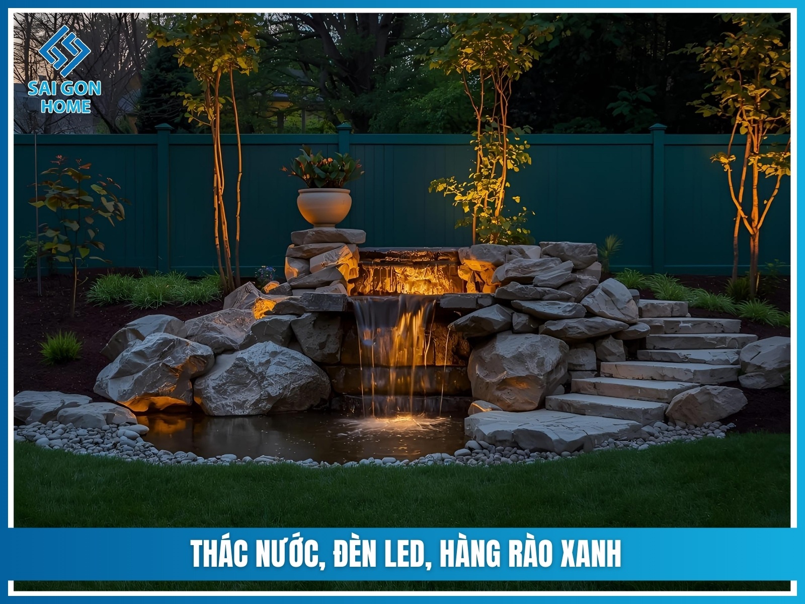 75+ ý tưởng thiết kế sân vườn trước nhà đẹp MÊ HỒN 25 Thac nuoc den LED hang rao xanh