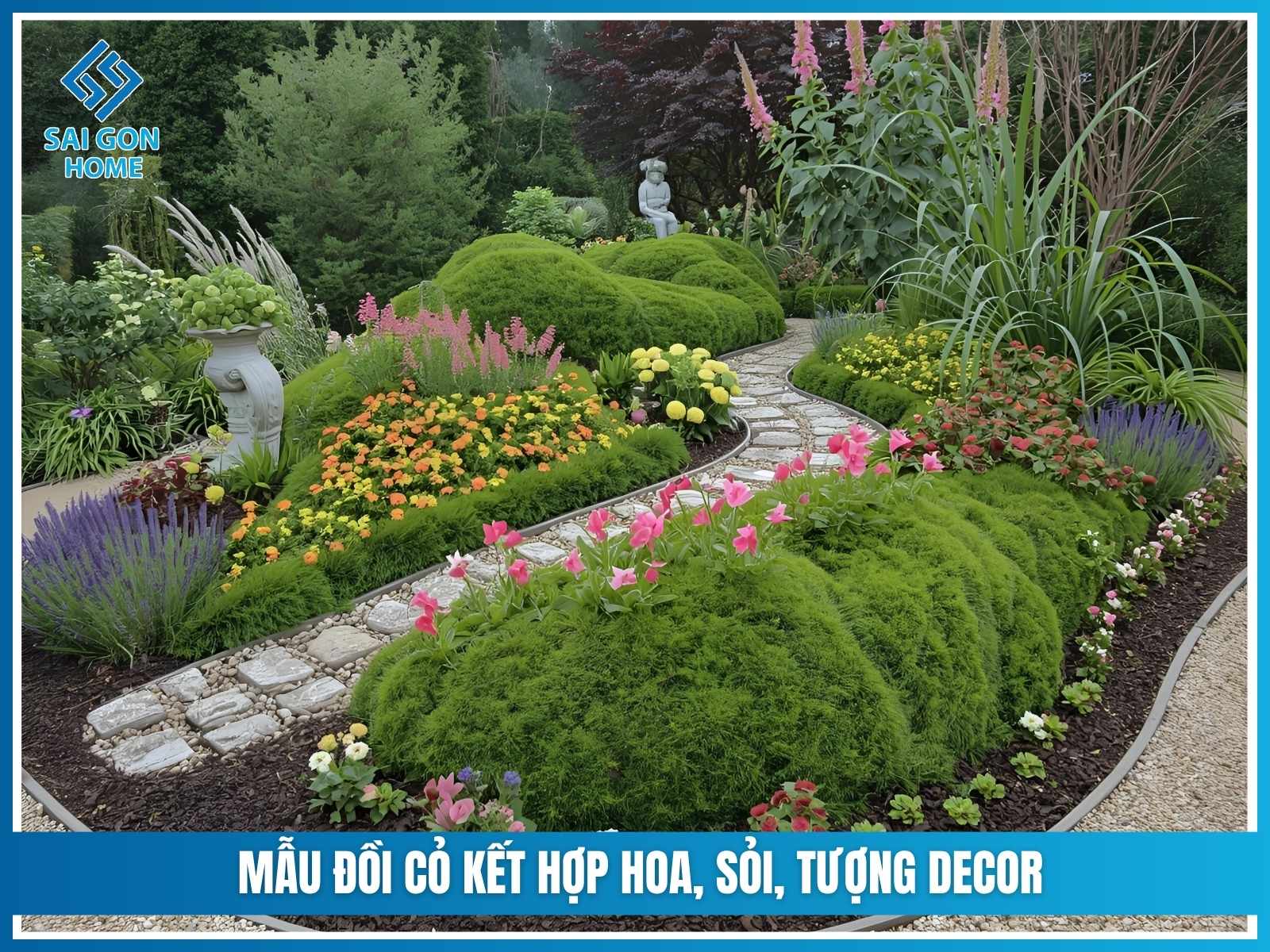 Mẫu đồi cỏ kết hợp hoa, sỏi, tượng decor