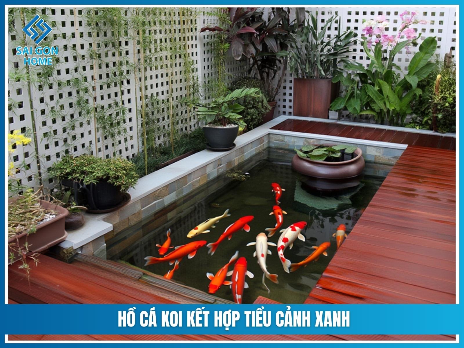 Hồ cá koi kết hợp tiểu cảnh xanh