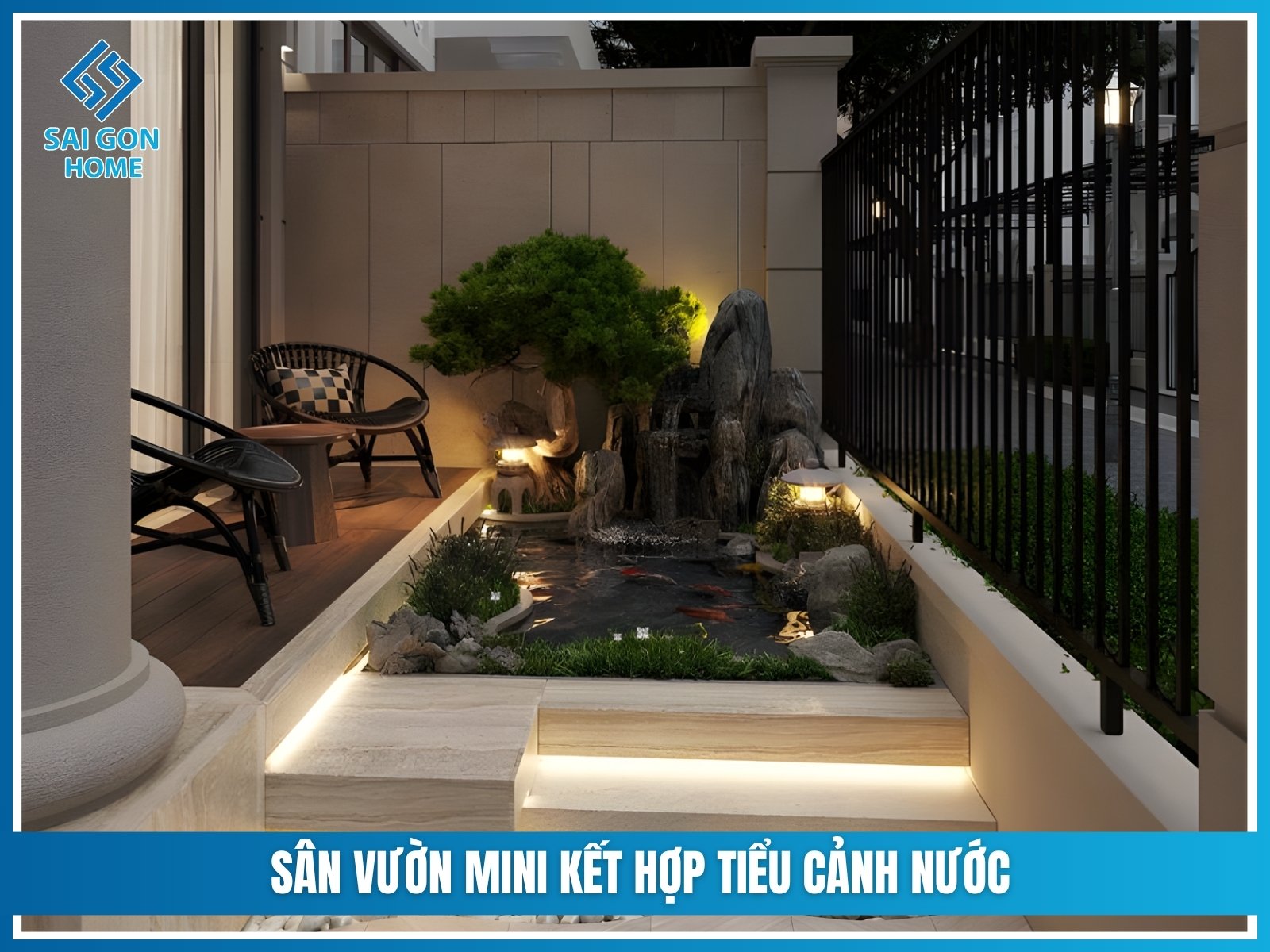 Sân vườn mini kết hợp tiểu cảnh nước