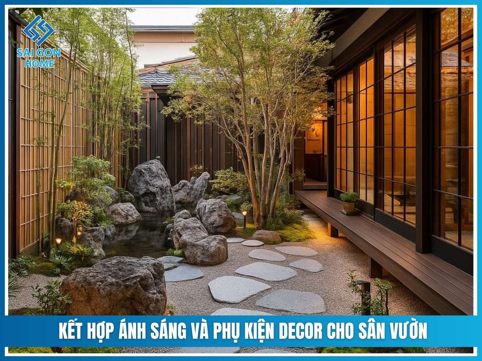 Kết hợp ánh sáng và phụ kiện decor cho sân vườn