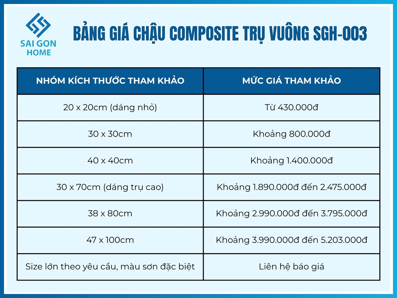 Chậu Composite Trụ Vuông SGH-003 9 Bảng giá chậu Composite trụ vuông SGH-003