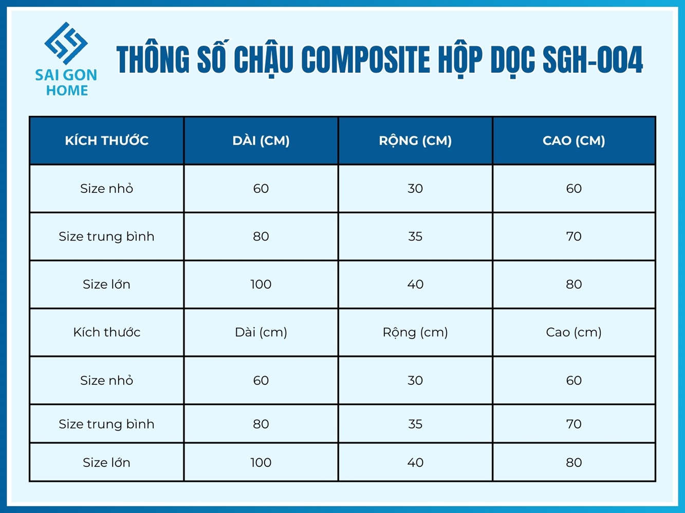 Chậu Composite hộp dọc SGH-004 8 Thông số chậu Composite hộp dọc SGH-004