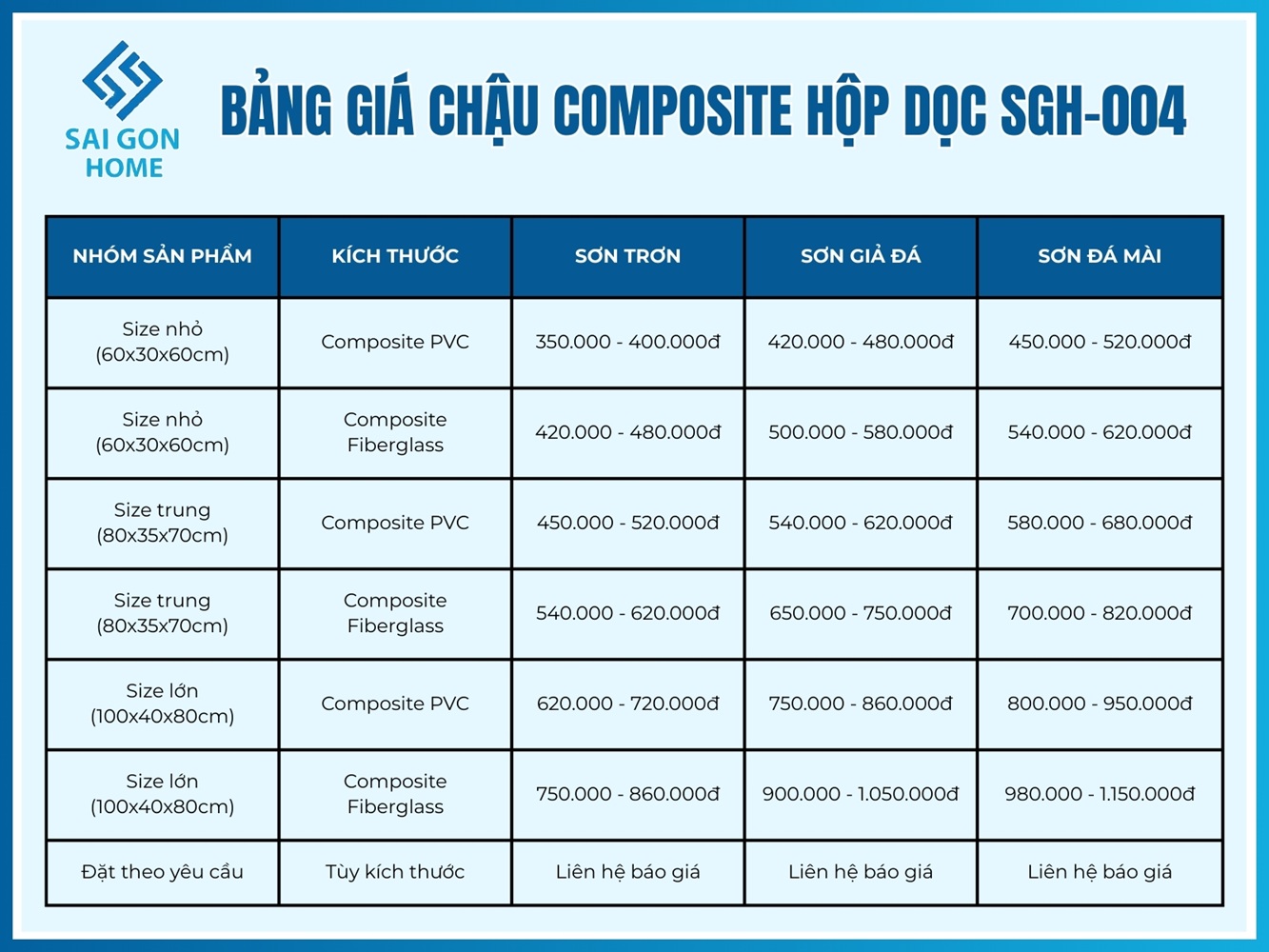 Chậu Composite hộp dọc SGH-004 10 Bảng giá chậu Composite hộp dọc SGH-004