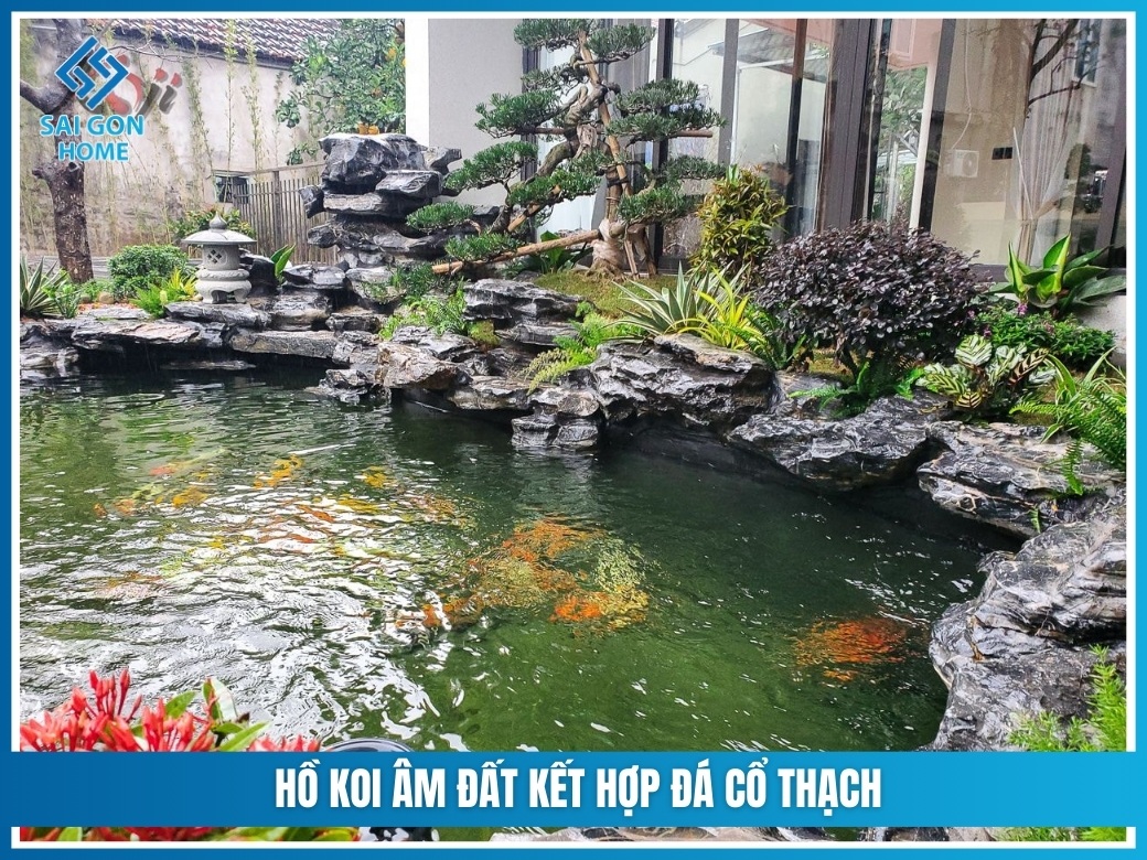 Hồ koi âm đất kết hợp đá cổ thạch
