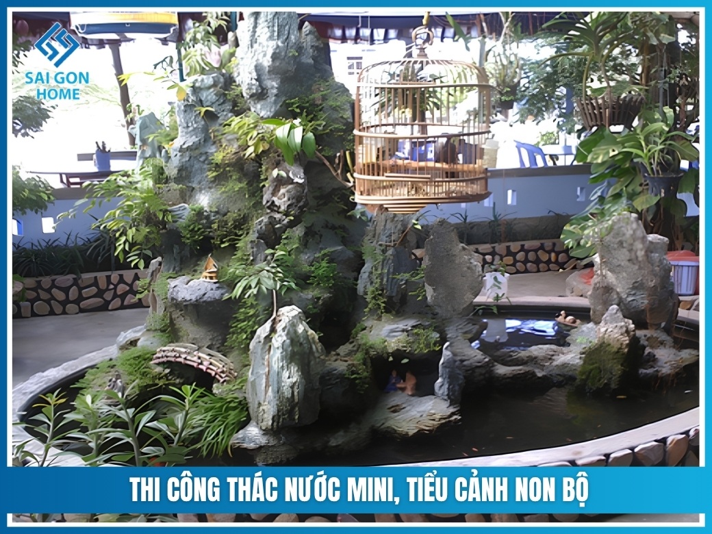 Thi công thác nước mini, tiểu cảnh non bộ