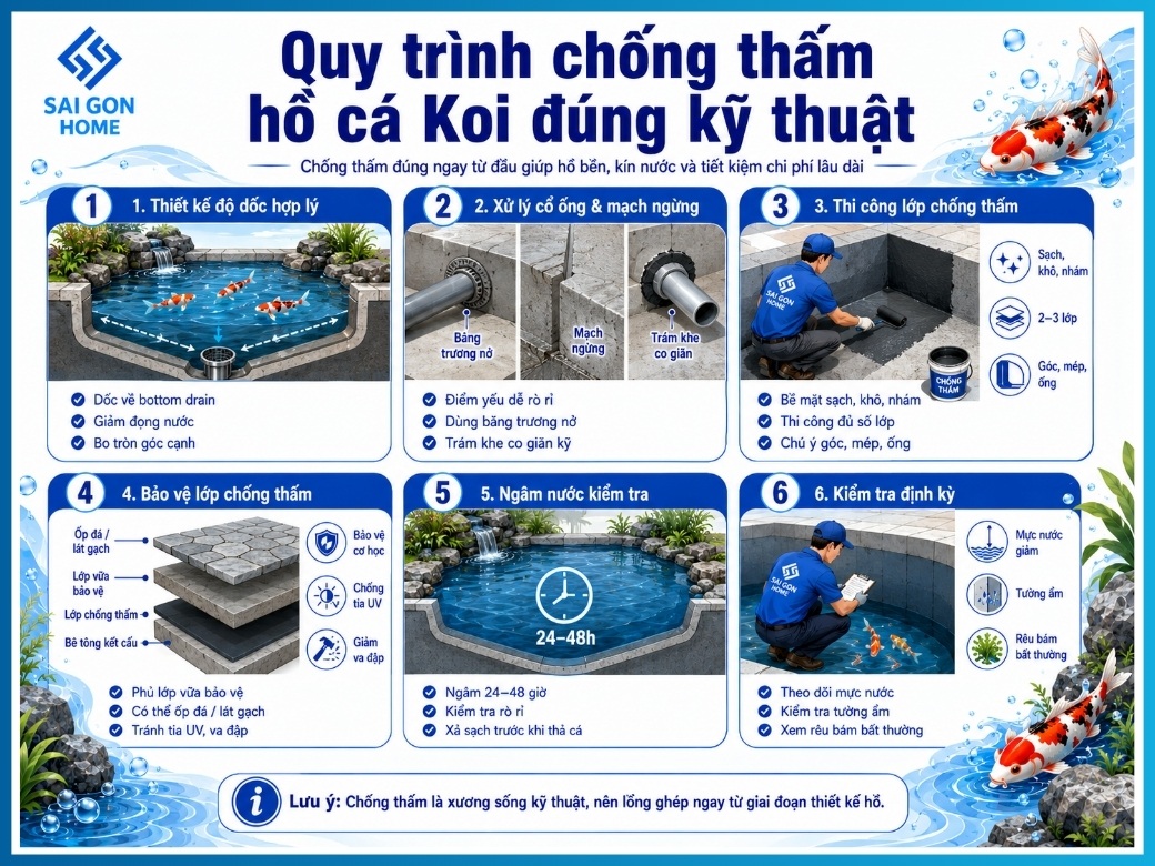 Tổng hợp 7 cách chống thấm hồ cá Koi HIỆU QUẢ bền vững 11 Quy trình 6 bước chống thấm hồ cá Koi đúng kỹ thuật