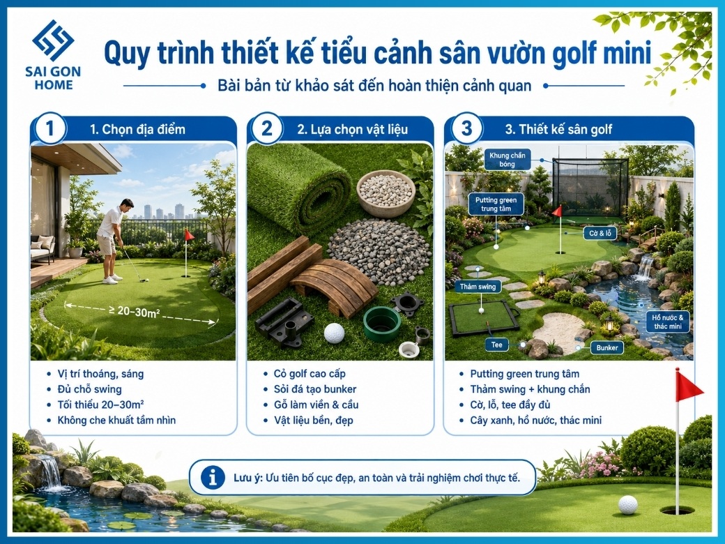Hướng dẫn thiết kế tiểu cảnh sân vườn golf mini CHI TIẾT 10 Quy trình thiết kế tiểu cảnh sân vườn golf mini