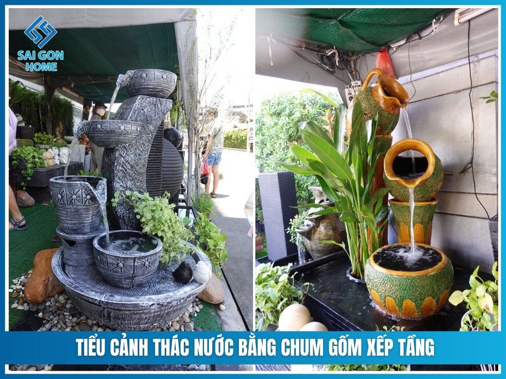 TOP 16 mẫu tiểu cảnh thác nước cho sân vườn ĐẸP nhất 14 Tiểu cảnh thác nước bằng chum gốm xếp tầng