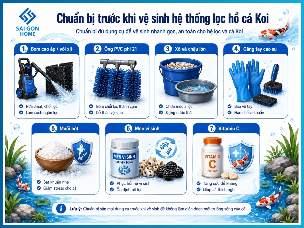 Hướng dẫn cách vệ sinh hệ thống lọc hồ cá koi từ A - Z 8 Chuẩn bị trước khi vệ sinh hệ thống lọc hồ cá Koi