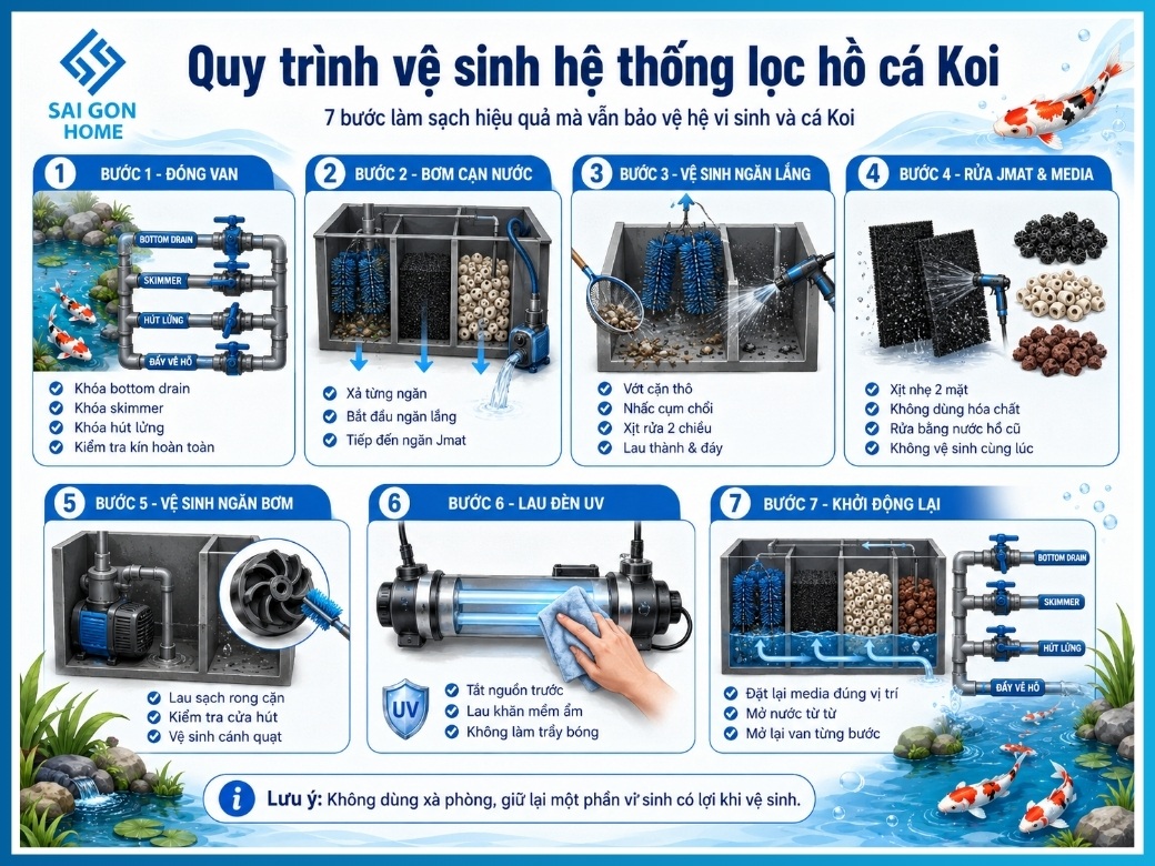 Hướng dẫn cách vệ sinh hệ thống lọc hồ cá koi từ A - Z 9 Quy trình 7 bước vệ sinh hệ thống lọc hồ cá Koi