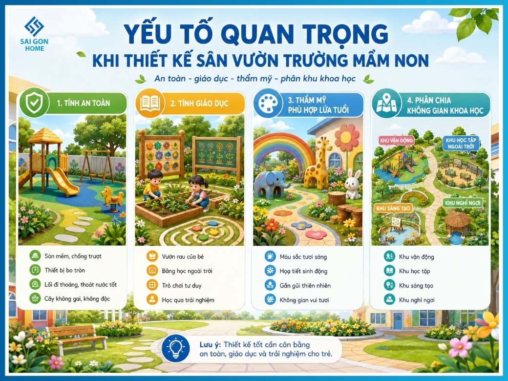 Thiết kế sân vườn trường mầm non SÁNG TẠO chuyên nghiệp 9 yếu tố quan trọng khi thiết kế sân vườn trường mầm non