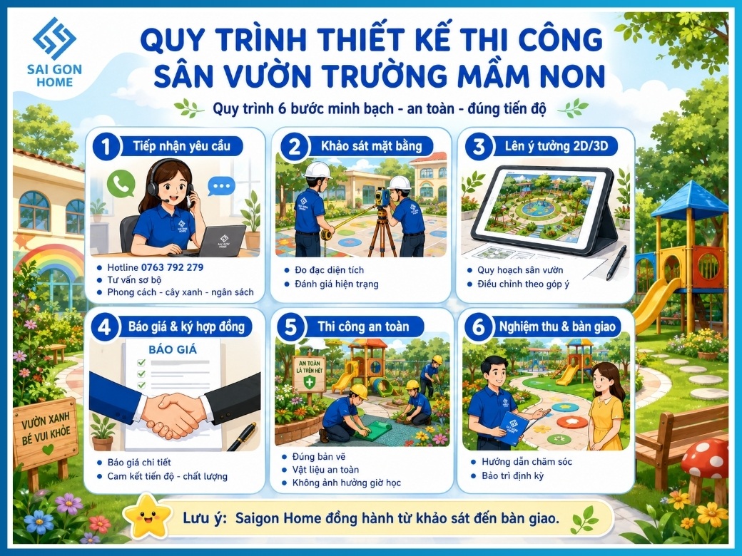 Thiết kế sân vườn trường mầm non SÁNG TẠO chuyên nghiệp 12 Quy trình thiết kế thi công sân vườn trường mầm non chuyên nghiệp
