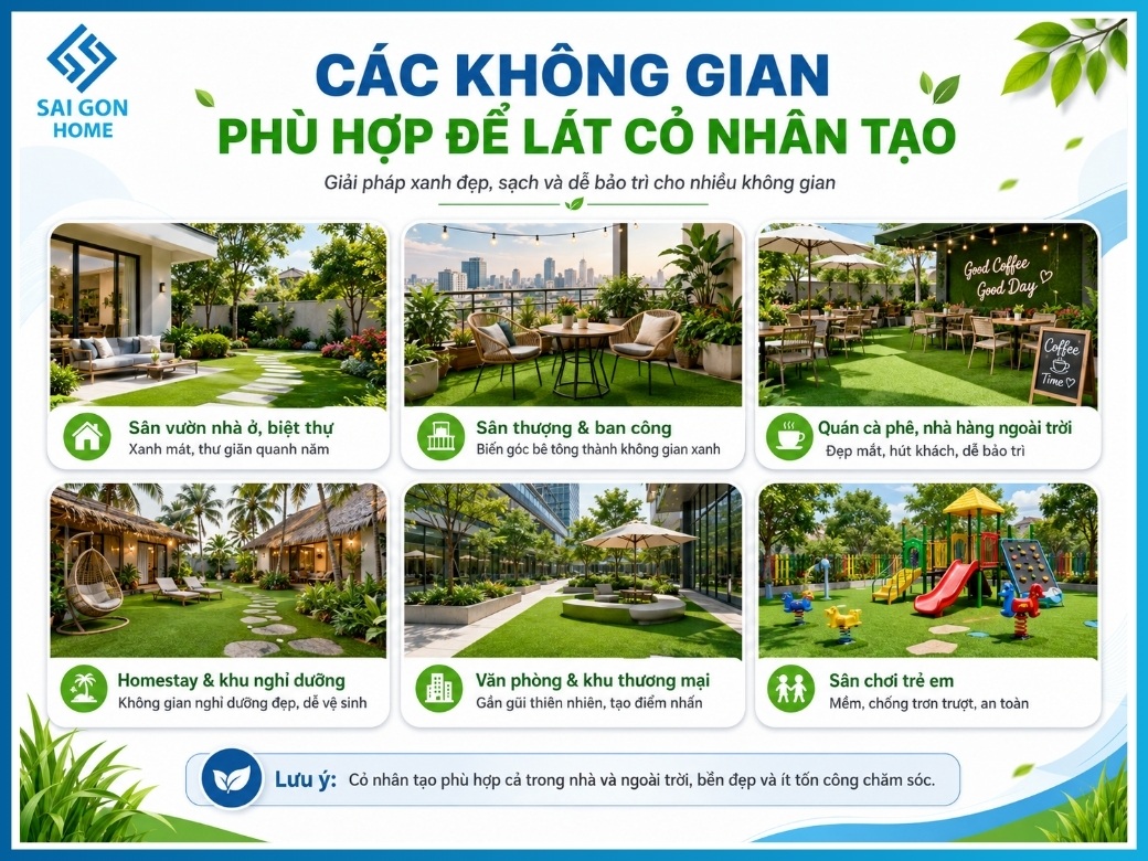Các không gian phù hợp để lát cỏ nhân tạo